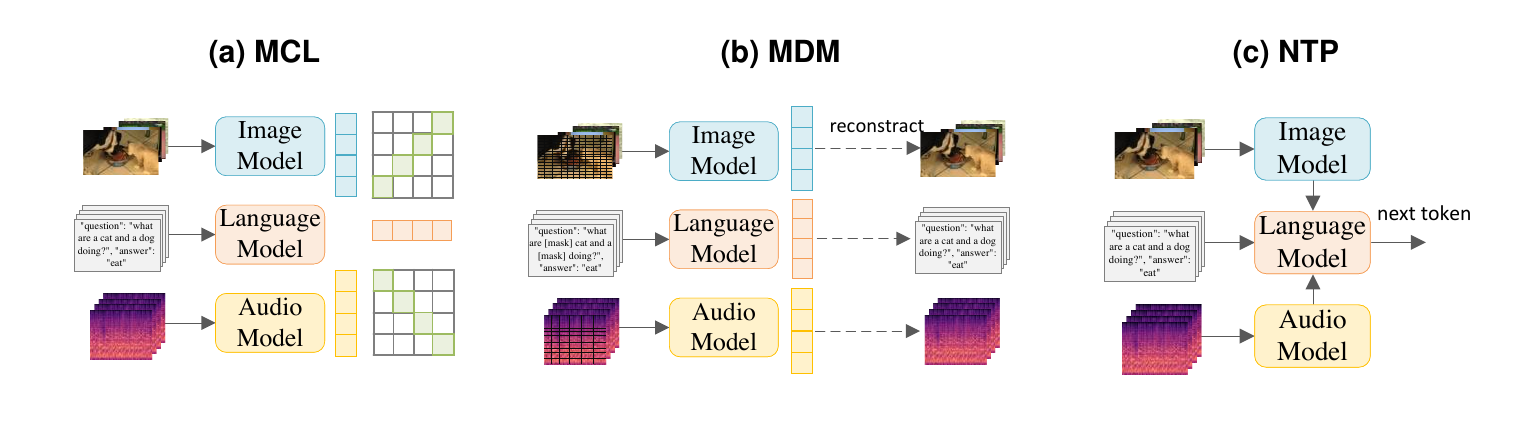 Pretraining methods for audio-visual-language modeling: multimodal contrastive learning, masked data modeling, and next token prediction.